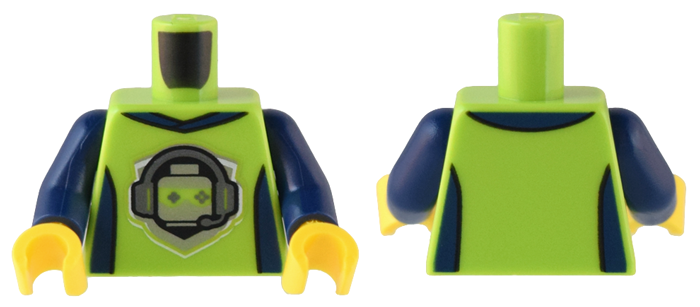 Torso T-Shirt with Gaming Logo Minifigure Head with Headset and Game Controller Sunglasses, Dark Blue Collar and Side Panels Pattern / Dark Blue Arms / Yellow Hands
