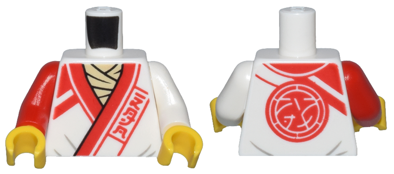 Torso Robe with Red Trim, Lines, and Ninjago Logogram 'DOJO' over Tan Shirt, Core Logo on Back Pattern / White Arm Left / Red Arm Right / Yellow Hands