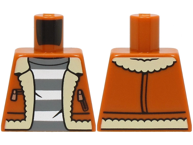 Torso Jacket with Tan Fur Lining and Copper Zippers over Dark Bluish Gray Shirt with White Prison Stripes Pattern