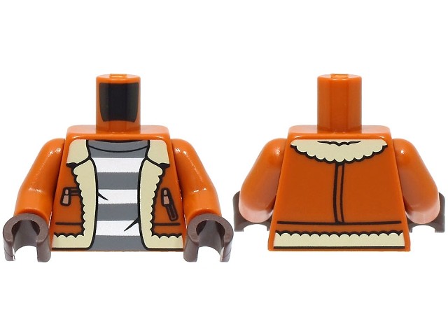 Torso Jacket with Tan Fur Lining and Copper Zippers over Dark Bluish Gray Shirt with White Prison Stripes Pattern / Dark Orange Arms / Dark Brown Hands