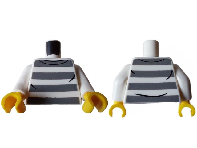 Torso Town Prisoner, Dark Bluish Gray Stripes, Black Collar and Wrinkles Pattern / White Arms / Yellow Hands