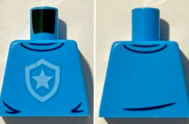 Torso Police Shirt with Bright Light Blue Star Badge Logo, Dark Blue Collar and Wrinkles Pattern