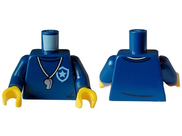 Torso Police Shirt with Bright Light Blue Star Badge Logo, Silver Whistle, Black Collar and Wrinkles Pattern / Dark Blue Arms / Yellow Hands