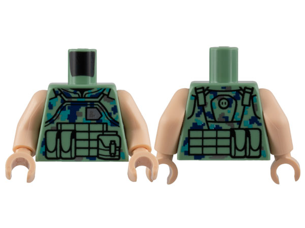 Torso Flak Vest with Pouches and Dark Blue, Dark Turquoise, and Silver Pixelated Camouflage Pattern / Light Nougat Arms / Light Nougat Hands