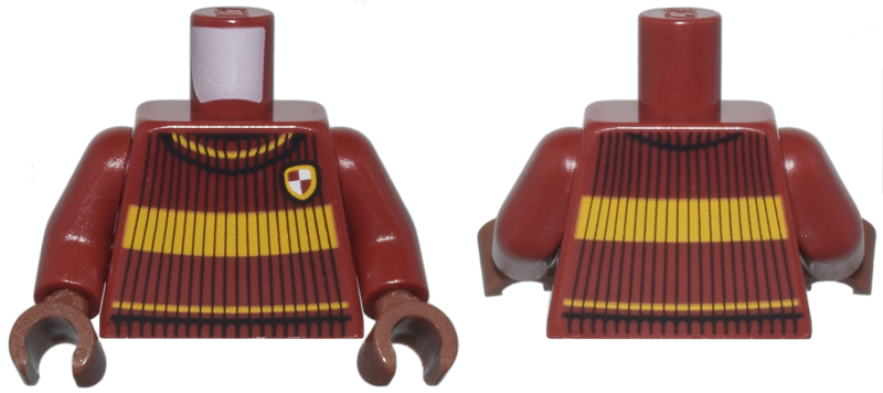 Torso Quidditch Jumper Ribbed with Bright Light Orange Stripes and Gryffindor Crest Pattern / Dark Red Arms / Reddish Brown Hands