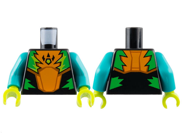 Torso Racing Suit with Orange Breastplate with Raptor Claw Logo, Bright Green and Lime Jagged Panels Pattern / Dark Turquoise Arms / Lime Hands
