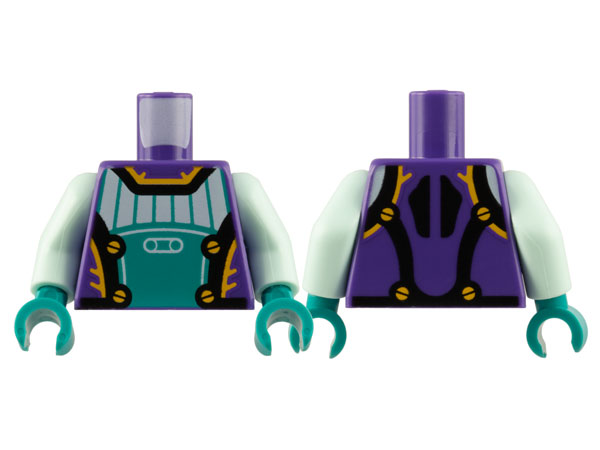 Torso Jumpsuit, Dark Turquoise and Light Aqua Panel, Bright Light Orange and Black Circles and Trim Pattern / Light Aqua Arms / Dark Turquoise Hands