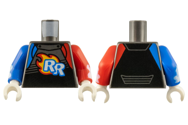 Torso Racing Suit with White 'RR' on Red and Bright Light Orange Flames Pattern / Red Arm Left with White Flames Pattern / Blue Arm Right with White Flames Pattern / White Hands