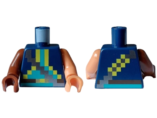 Torso Pixelated Silver Strap over Vest with Yellow Trim, Dark Turquoise Shirt, Dark Brown Belt Pattern / Nougat Arm Left / Reddish Brown Arm Right / Nougat Hand Left / Reddish Brown Hand Right