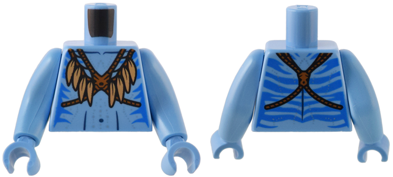Torso Na'vi with Blue Markings, Dark Orange Strap with Medium Nougat Feathers, and Silver Spots Pattern / Medium Blue Arms Long / Medium Blue Hands