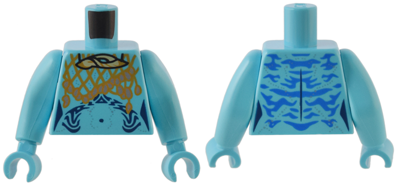 Torso Na'vi with Dark Blue Markings, Tan Shell, Medium Nougat Net with Silver Beads Pattern / Medium Azure Arms Long / Medium Azure Hands