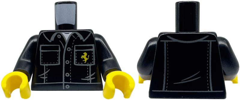 Torso Shirt with Dark Bluish Gray Buttons and Pockets Outline, White Undershirt, and Yellow Horse (Ferrari Logo) Pattern / Black Arms / Yellow Hands