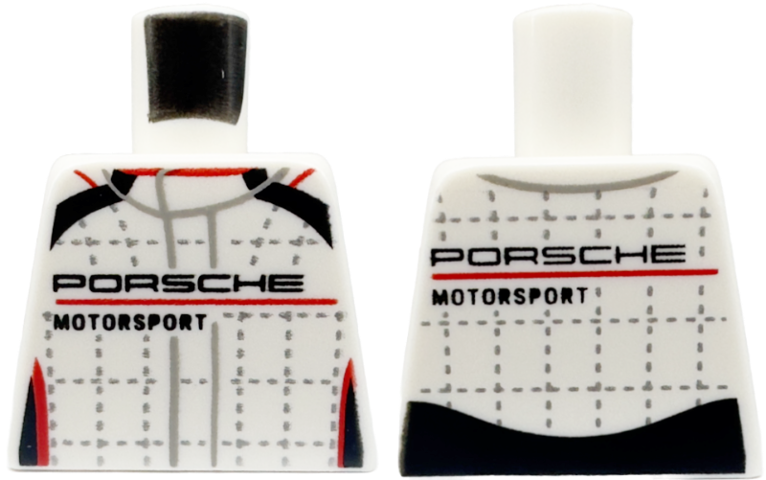 Torso Racing Suit with 'PORSCHE MOTORSPORT', Black and Red Stripes, and Silver Lines and Stitching Pattern