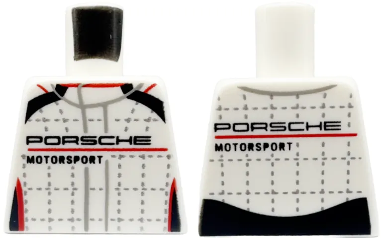 Torso Racing Suit with 'PORSCHE MOTORSPORT', Black and Red Stripes, and Silver Lines and Stitching Pattern