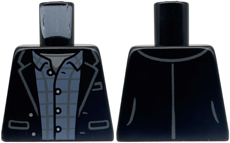 Torso Open Suit Jacket with Pockets over Sand Blue and Dark Bluish Gray Plaid Shirt with White Buttons Pattern