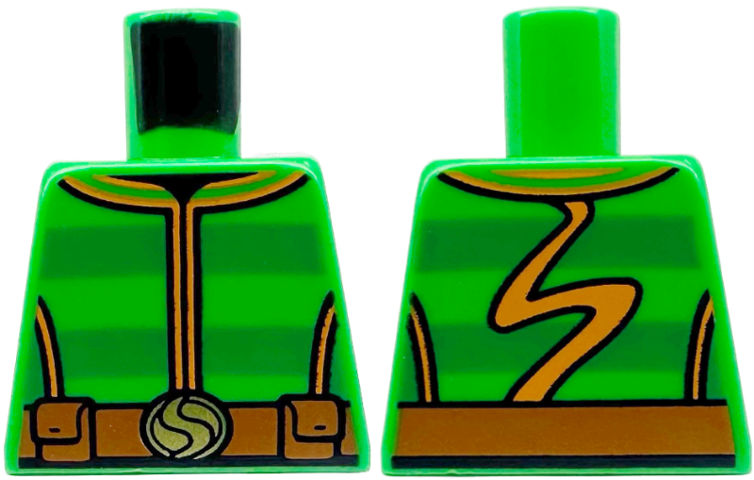 Torso Sweater with Green Stripes and Orange Trim, Dark Orange Belt with Gold Buckle Pattern