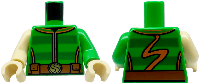 Torso Sweater with Green Stripes and Orange Trim, Dark Orange Belt with Gold Buckle Pattern / Bright Green Arm Left / Tan Arm Right / Tan Hands