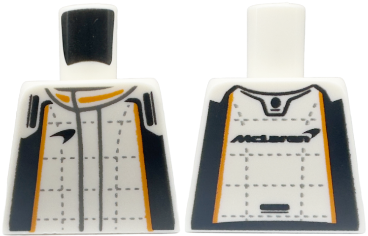 Torso Racing  Suit with Black and Orange Stripes, Silver Lines and Stitching, 'McLaren' on Back Pattern