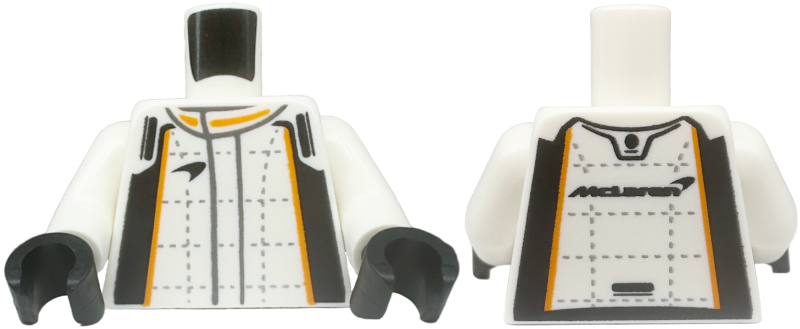 Torso Racing Suit with Black and Orange Stripes, Silver Lines and Stitching, 'McLaren' on Back Pattern / White Arms / Black Hands