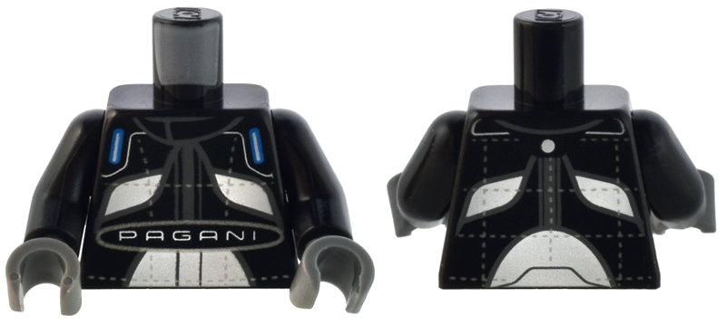 Torso Racing Suit with Dark Bluish Gray Trim, White Panels and 'PAGANI' and Silver Stitching Pattern / Black Arms / Dark Bluish Gray Hands