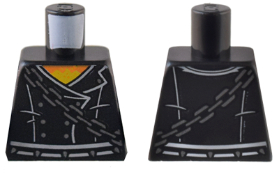 Torso Leather Jacket with White Trim and Belt, Silver Buttons and Chain over Orange and Yellow Flame Shirt Pattern