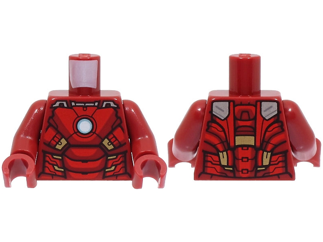 Torso Armor with Metallic Light Blue and White Circle Arc Reactor, Red Panels, Gold and Silver Trim Pattern (Iron Man Mark 7) / Dark Red Arms / Dark Red Hands