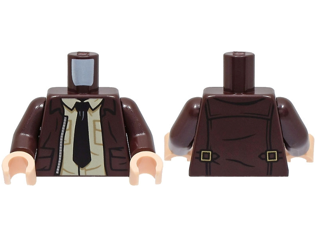 Torso Open Jacket with Pockets, Silver Zipper and Gold Clasps, Tan Shirt, Black Tie Pattern / Dark Brown Arms / Light Nougat Hands