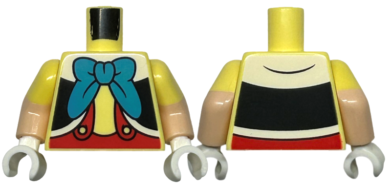 Torso Black and White Vest, Dark Azure Bow, Red Pants with Suspenders Pattern / Light Nougat Arms with Molded Bright Light Yellow Sleeves Pattern / White Hands