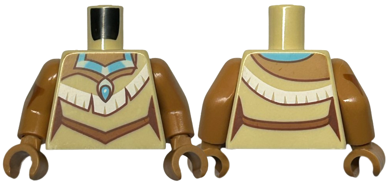 Torso Female Dress with White and Dark Orange Trim, Medium Azure and Light Aqua Necklace Pattern / Medium Nougat Arm Left / Medium Nougat Arm Right with Tattoo Pattern / Medium Nougat Hands