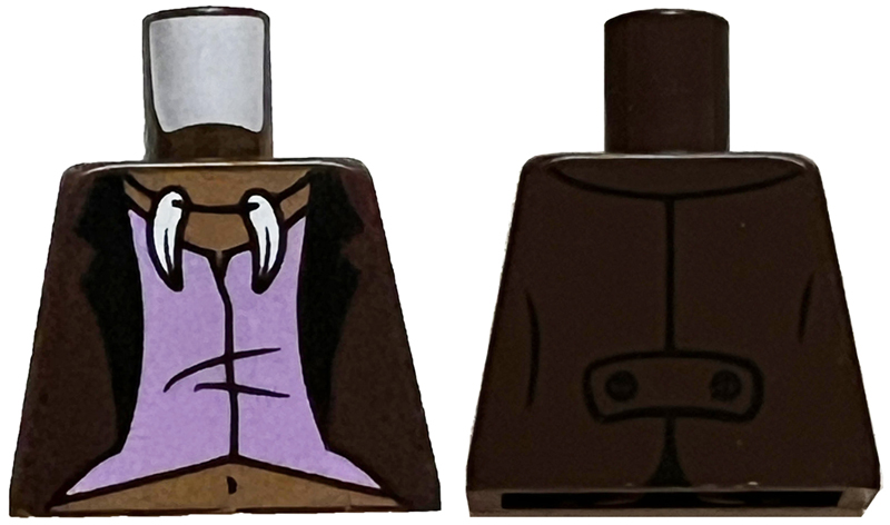 Torso Jacket Open with Black Lapels over Medium Lavender Vest, White Animal Tooth / Claw Necklace, Medium Brown Neck and Stomach Pattern