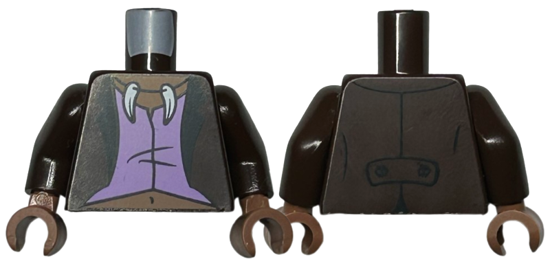 Torso Jacket Open with Black Lapels over Medium Lavender Vest, White Animal Tooth / Claw Necklace, Medium Brown Neck and Stomach Pattern / Dark Brown Arms / Medium Brown Hands