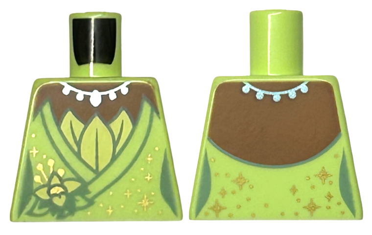 Torso Female Dress with Flower, Gold Sparkles and Dots, Metallic Light Blue Necklace, Medium Brown Neck Pattern