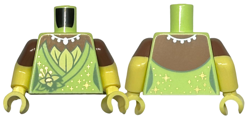 Torso Female Dress with Flower, Gold Sparkles and Dots, Metallic Light Blue Necklace, Medium Brown Neck Pattern / Bright Light Yellow Arms with Molded Medium Brown Sleeves Pattern / Bright Light Yellow Hands