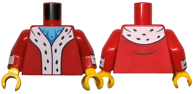 Torso Coat with White Trim with Black Spots, Medium Azure and Blue Shirt Pattern / Red Arms with White Cuffs and Black Spots Pattern / Bright Light Orange Hands