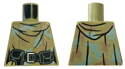 Torso Female Hooded Shirt Camouflage with Sand Green and Dark Tan Spots, Black Belt with Holster and Pouch Pattern