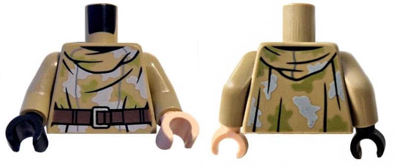 Torso Hooded Shirt Camouflage with Lime and Light Bluish Gray Spots and Dark Brown Belt Pattern / Dark Tan Arms / Light Nougat Hand Left / Black Hand Right