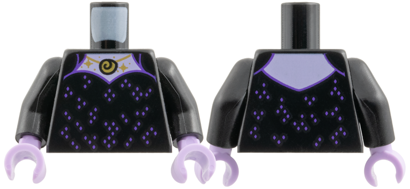 Torso Dress with Dark Purple Squares, Gold Necklace and Sparkles, Lavender Neck Pattern / Black Arms / Lavender Hands