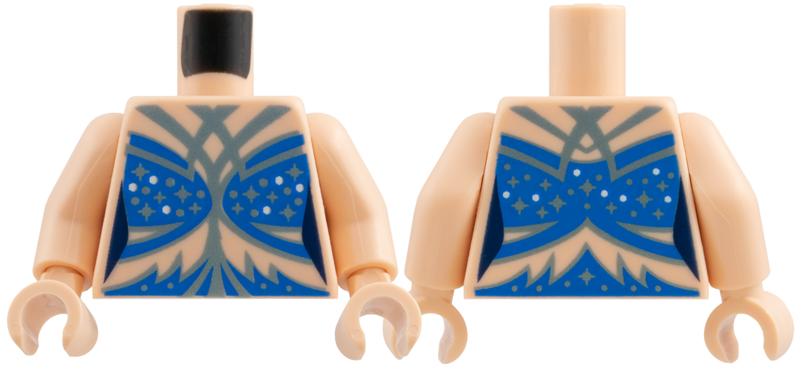 Torso Female Blue Bikini Bra Top with Metallic Light Blue Lines, Shapes and Sparkles and White Dots Pattern / Light Nougat Arms / Light Nougat Hands