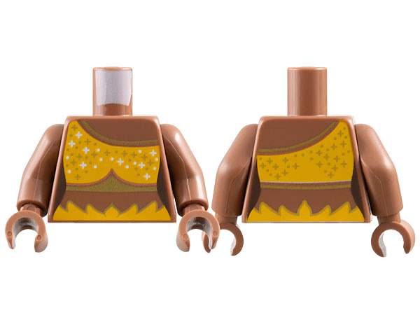 Torso Female Bright Light Orange Bikini Bra Top with Copper Trim and Gold and White Sparkles and Dots Pattern / Medium Brown Arms / Medium Brown Hands