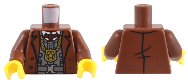 Torso Suit Jacket, Dark Bluish Gray Vest, Dark Red Tie, and Gold Police Badge on Chain Pattern / Reddish Brown Arms / Yellow Hands