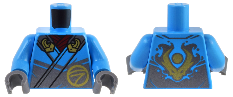 Torso Robe Silver Straps, Gold Buckles, Ninjago Logogram Letter N and Dragon Head and Orb on Back Pattern / Dark Azure Arms / Dark Bluish Gray Hands