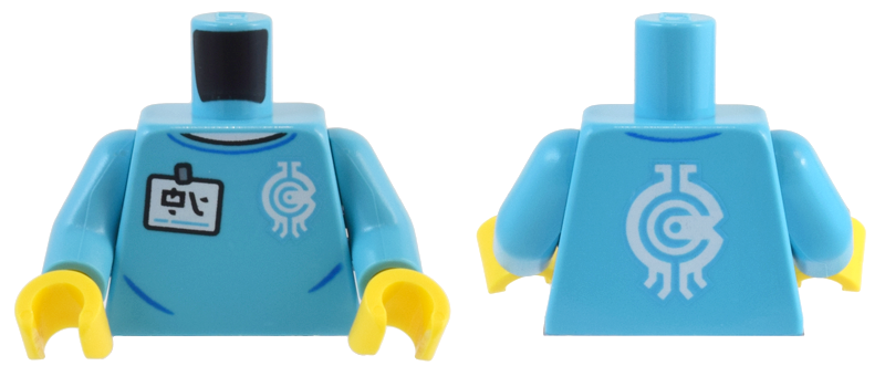 Torso White Name Tag with Ninjago Logogram 'HI' and Borg Industries Logo Pattern / Medium Azure Arms / Yellow Hands