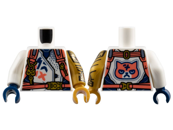 Torso Racing Jacket with Dark Blue Panels, Coral Harness Straps with Gold Buckles, Zipper, and Key on Key Chain, Grumpy Cat Face on Back Pattern / Pearl Gold Arm Left with Armor Pattern / White Arm Right / Pearl Gold Hand Left / Dark Blue Hand Right