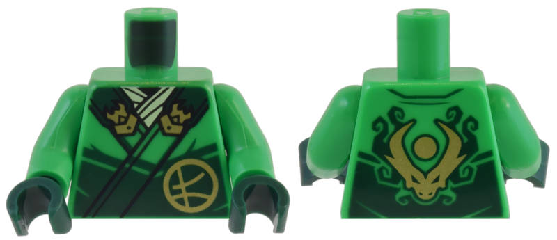 Torso Robe Dark Green Straps, Gold Buckles, Ninjago Logogram Letter L and Dragon Head and Orb on Back Pattern / Bright Green Arms / Dark Green Hands