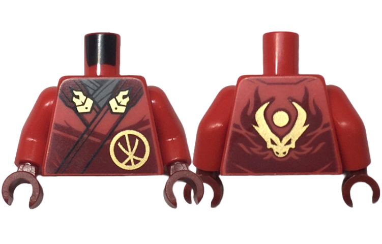 Torso Robe Dark Red Straps, Gold Buckles, Ninjago Logogram Letter K and Dragon Head and Orb on Back Pattern / Red Arms / Dark Red Hands