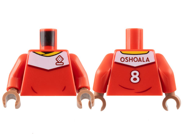 Torso Soccer Uniform, Yellow Collar, White Shoulder Panel, Dark Red Dice Logo, 'OSHOALA 8' on Back Pattern / Red Arms / Medium Brown Hands