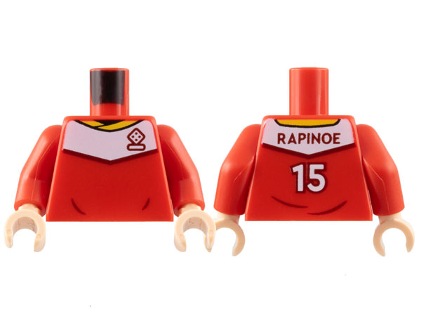 Torso Soccer Uniform, Yellow Collar, White Shoulder Panel, Dark Red Dice Logo, 'RAPINOE 15' on Back Pattern / Red Arms / Light Nougat Hands