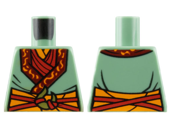 Torso Robe with Dark Red Trim over Red Scarf, Orange Sash, Straps Tied with Gold Crescent Moon Pattern