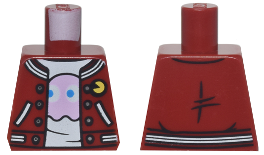 Torso Jacket with White Trim and Pockets and Yellow PAC-MAN Pin over White Shirt with Bright Pink Ghost Pattern