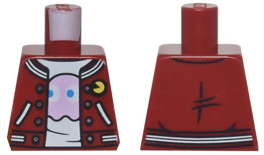 Torso Jacket with White Trim and Pockets and Yellow PAC-MAN Pin over White Shirt with Bright Pink Ghost Pattern